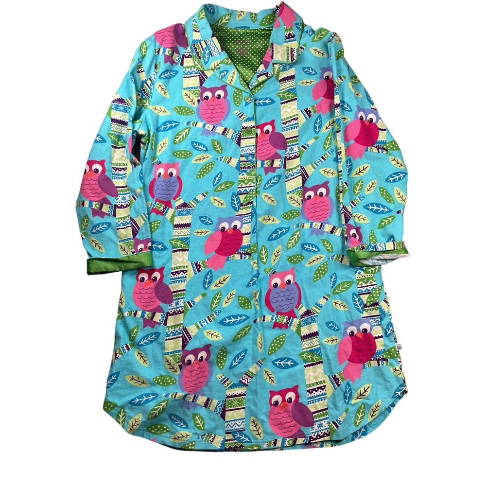 Nick & Nora Nightgown Women XXL Blue Owl Print Cotton Long Sleeve Nightshirt Y2K